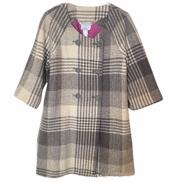 Jh Collectibles Gray Cream Plaid Wool Blend Swing Coat Large Modern Classic